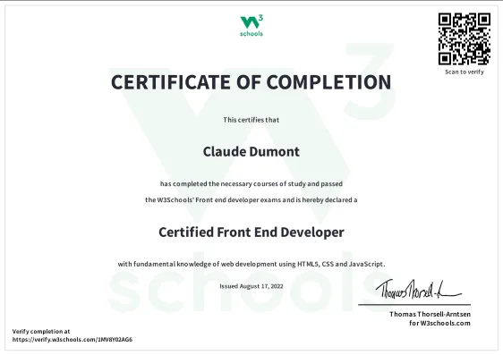 Certified Front End Developer W3Schools Zertifikat: Certified Front End Developer
