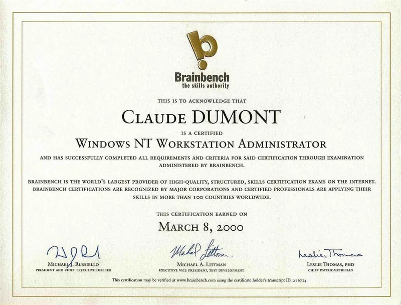 Windows NT Workstation Administrator Brainbench Zertifikat: Windows NT Workstation Administrator
