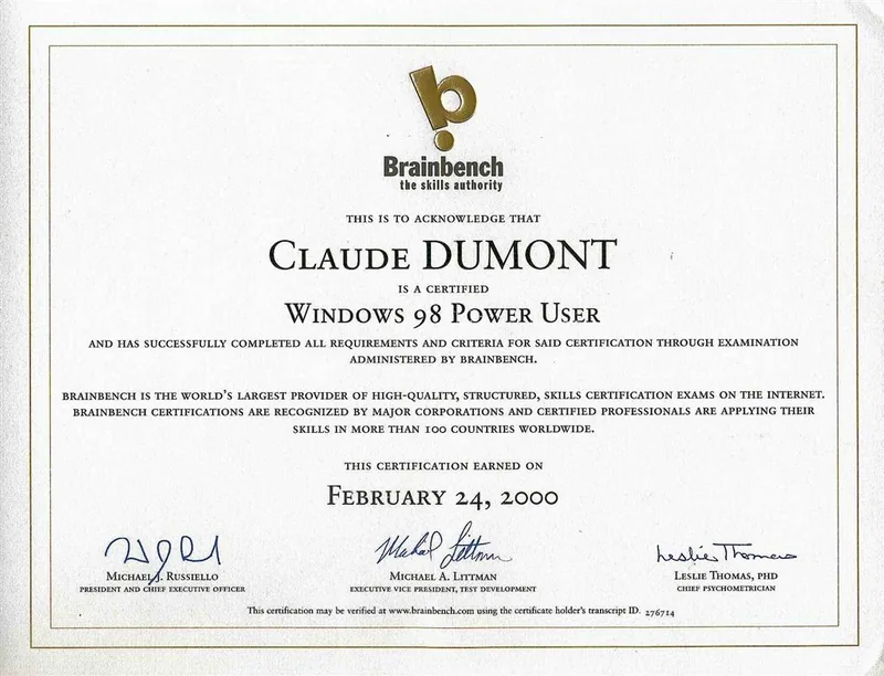 Windows 98 Power User Brainbench Zertifikat: Windows 98 Power User